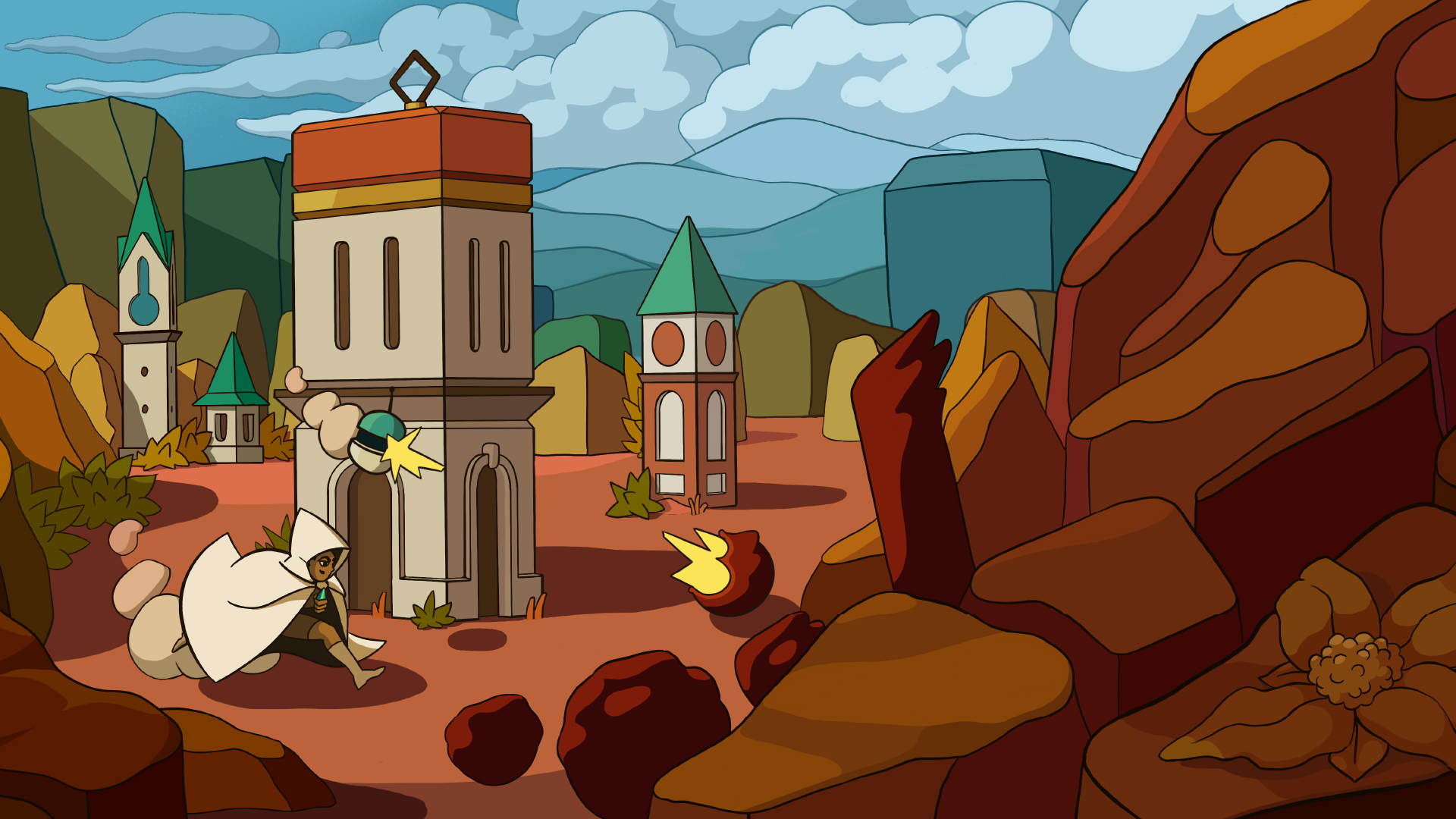 Rift Riff key art, with a bunch of towers, the player character, a shooting companion, and a few small enemies being shot at.